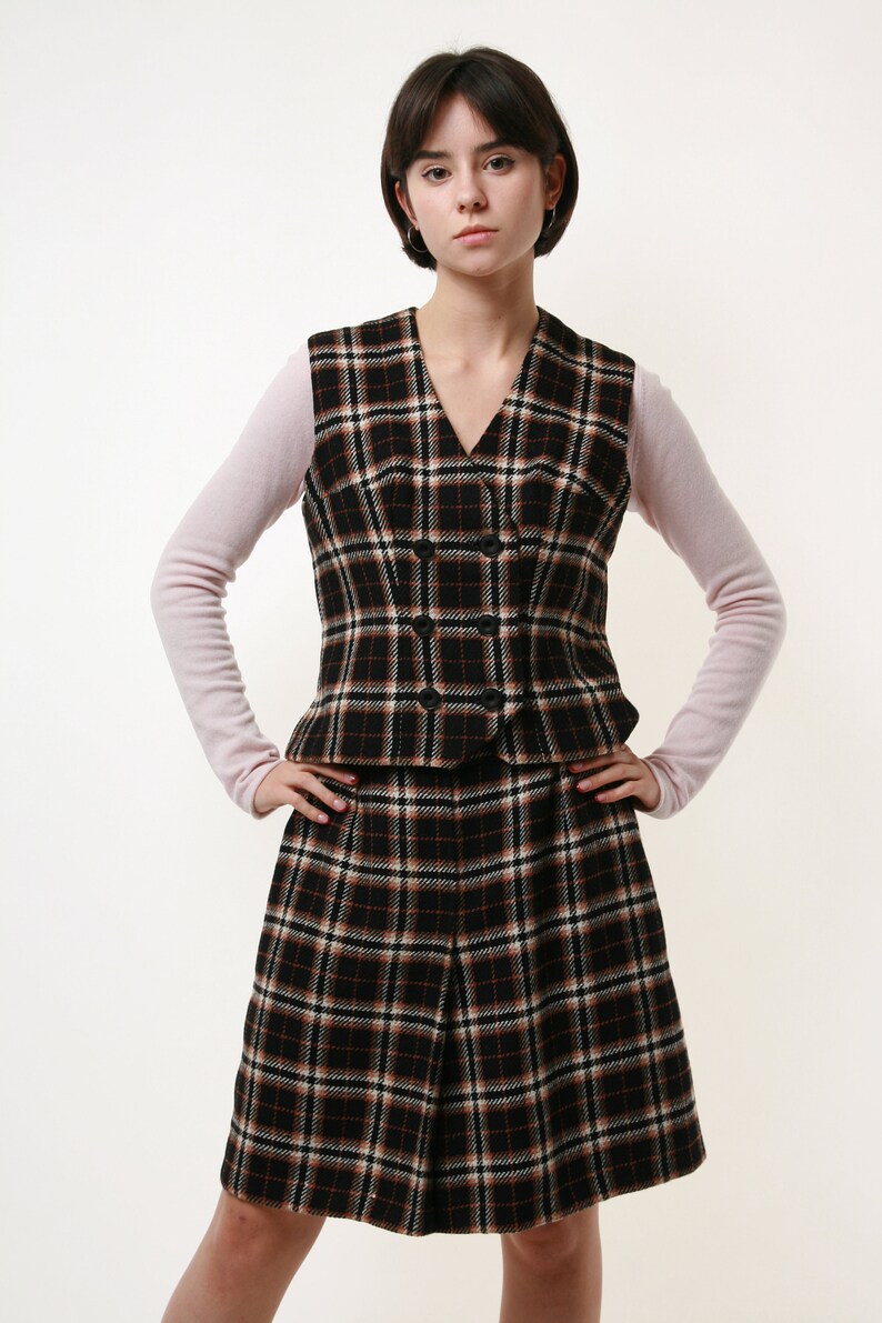 80s vintage Check Wool Suit Vest and Skirt 2002 image 6