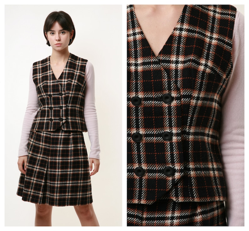 80s vintage Check Wool Suit Vest and Skirt 2002 image 1