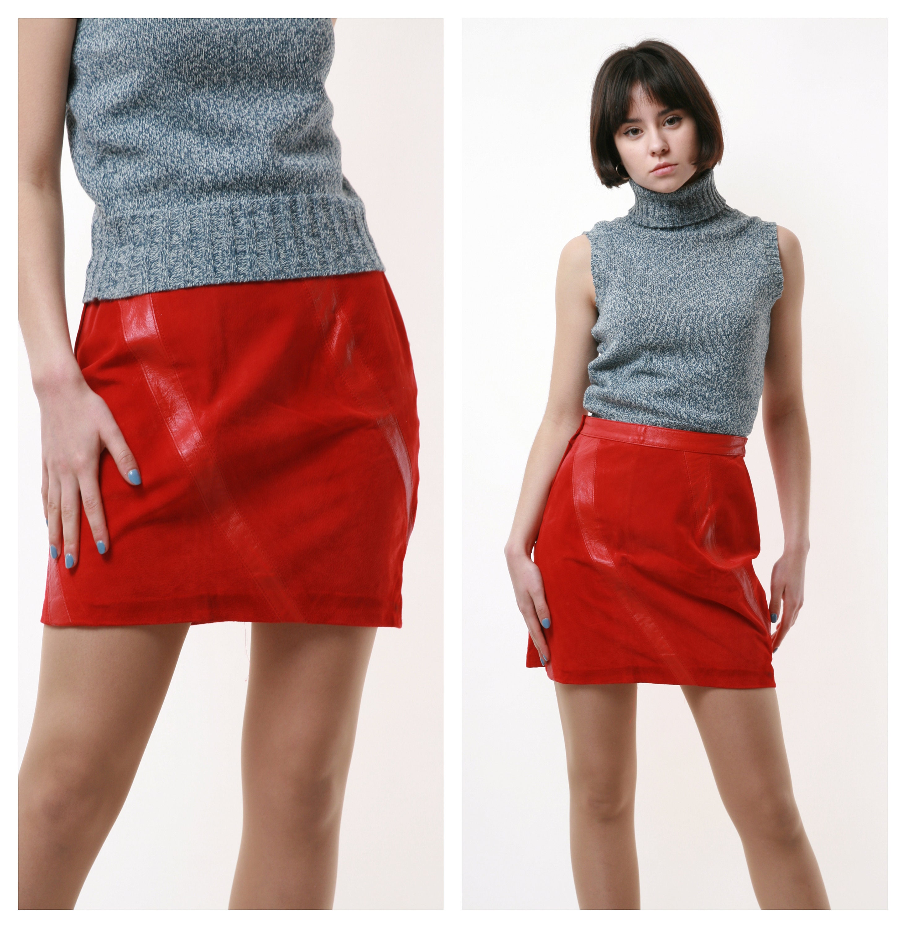 80s Vintage Red Leather Pencil Zip High Waisted Mini Skirt - Etsy