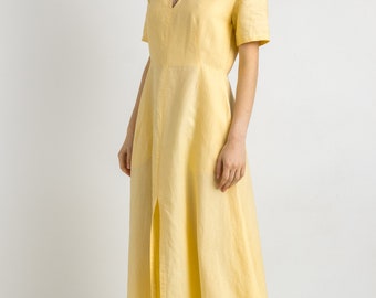 Vintage Hermes Paris 100% Linen Light Yellow Maxi Short Sleeved A