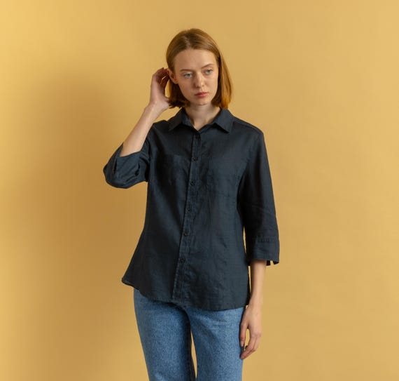Max Mara, Max Mara Linen Blouse, Linen Shirt, 00s Classic Button Up, Woman Short Sleeved Shirt, Size Medium 40