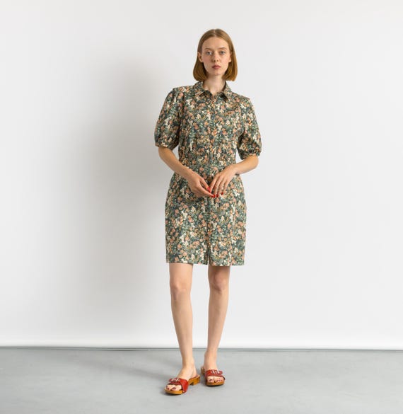 00s Woman Preowned Naf Naf Green Flowers Mini Dress Y2k Cotton Size 38 Small