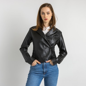 vintage 90's Femme Noir The Leather Shop Biker Cuir Moto Veste Taille Petite