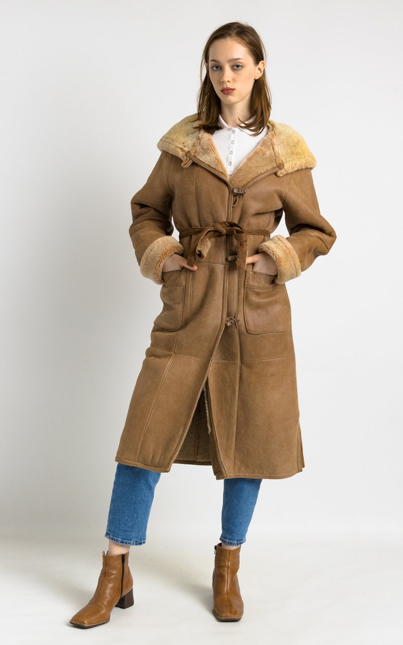 Sheepskin Leather Coat 80s, Size M Brown Shearling Fur Coat, Brown ...