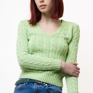 Ralph Lauren Sweater y2k Light Green Sweater Knitted Cotton Knit Pullover Jumper V Neck Plain Retro Basic Vintage 90s Womens XS 4992