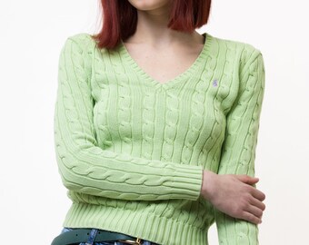 Ralph Lauren Sweater y2k Light Green Sweater Knitted Cotton Knit Pullover Jumper V Neck Plain Retro Basic Vintage 90s Womens XS 4992