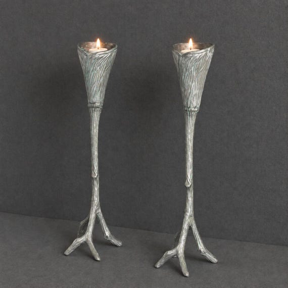 70s Vintage Set of 2 Amazing Metal Candlestick Holders, Art Deco
