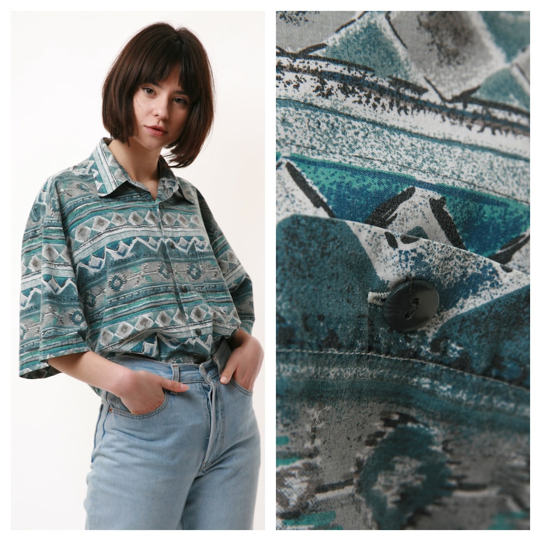 Vintage 80s Navy Green and Gold Abstract Print Blouse 16 main image 1