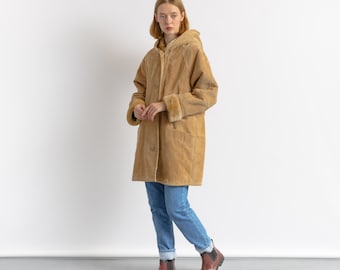 Abrigo de ante para mujer, estilo vintage años 80, talla S (pequeña). Abrigo marrón de borreguillo sintético. Abrigo beige de sherpa. Moda sostenible.