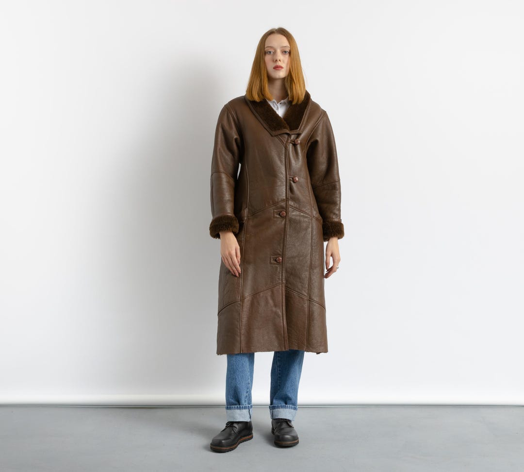 Vintage 90s Cream Hooded Sheepskin Shearling Coat 14 16