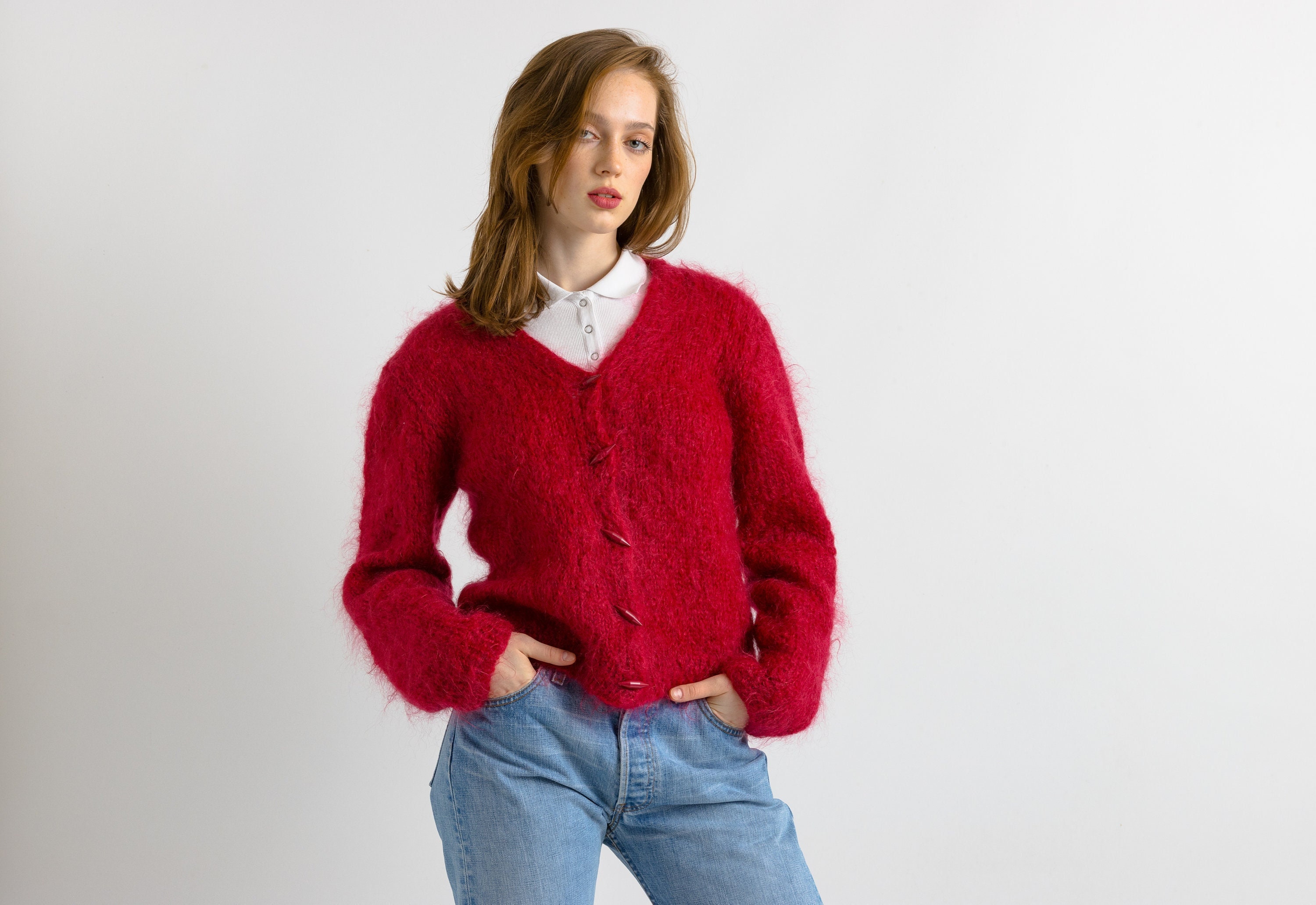 80s Vintage Red Mohair V Neck Buttons up Sweater Jumper