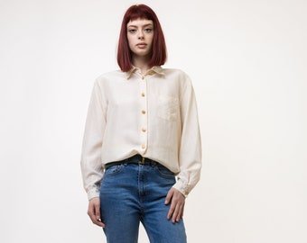 80s Vintage Vtg Rare 100% Silk Seta Beige Buttons Up Blouse Shirt Oversized Summer 4920 Girlfriend Gift/ Vintage Woman SILK Blouse