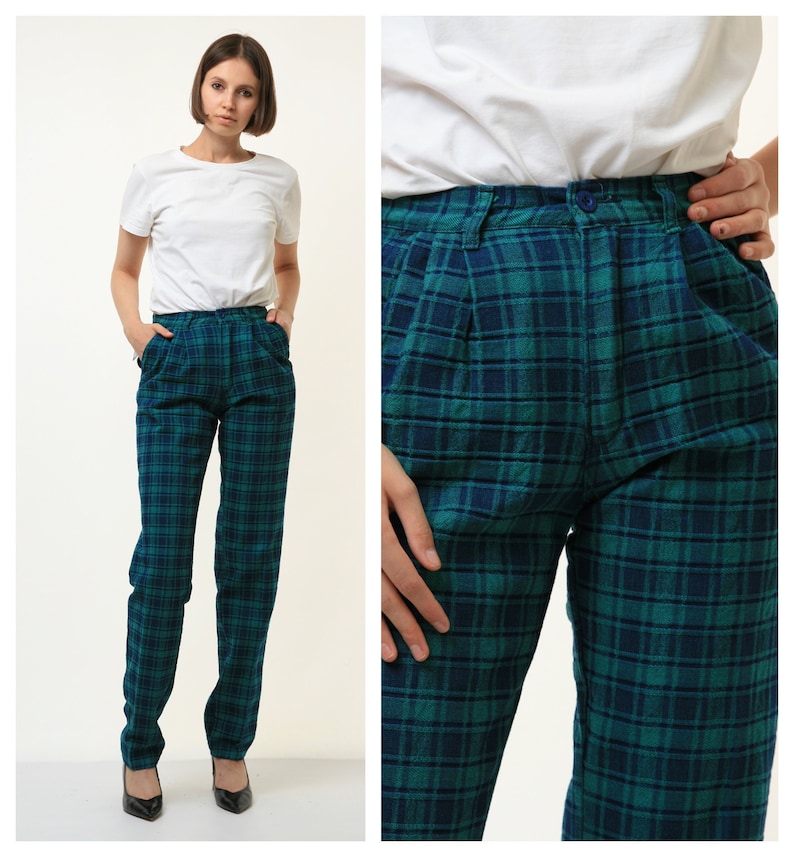 May include: Green and blue plaid pants with a high waist and a straight leg.
