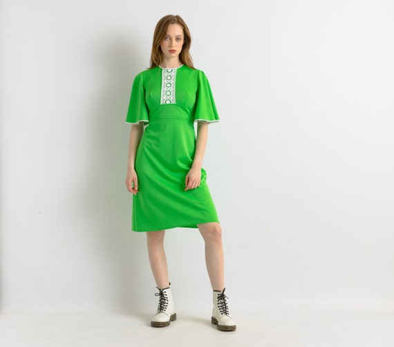 Small 60s Pink Babydoll Mini Green Dress | Vintage Long Sleeves A Line Tie Back Dress