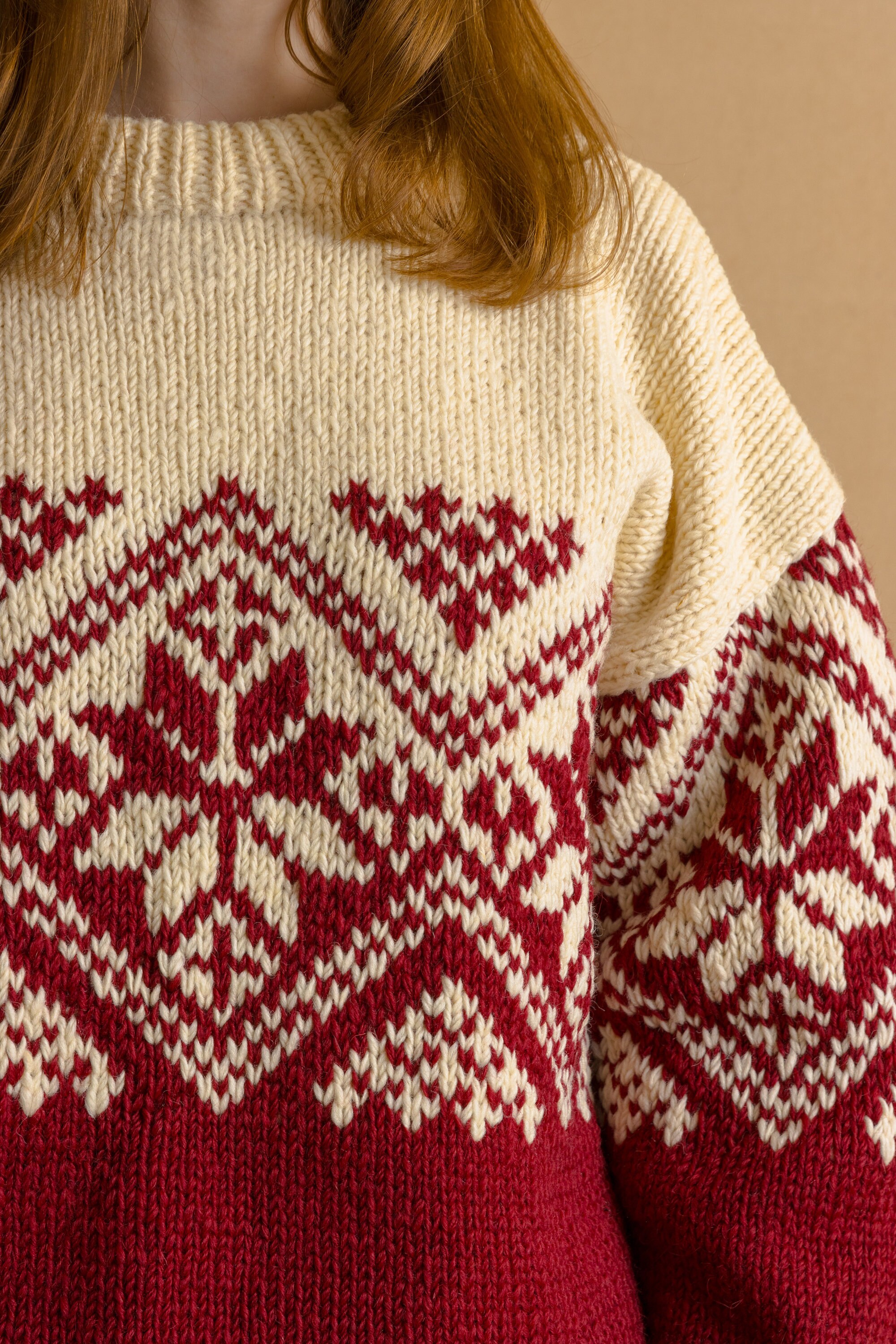 80s Vintage Nepal Handknitted Wool Sweater Knitwear Beige Ornament 