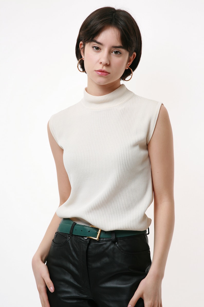 80s Vintage White 100/% SILK Natural Fabric Sleeveless Ribbed Turtleneck Jumper Top Pullover 2219