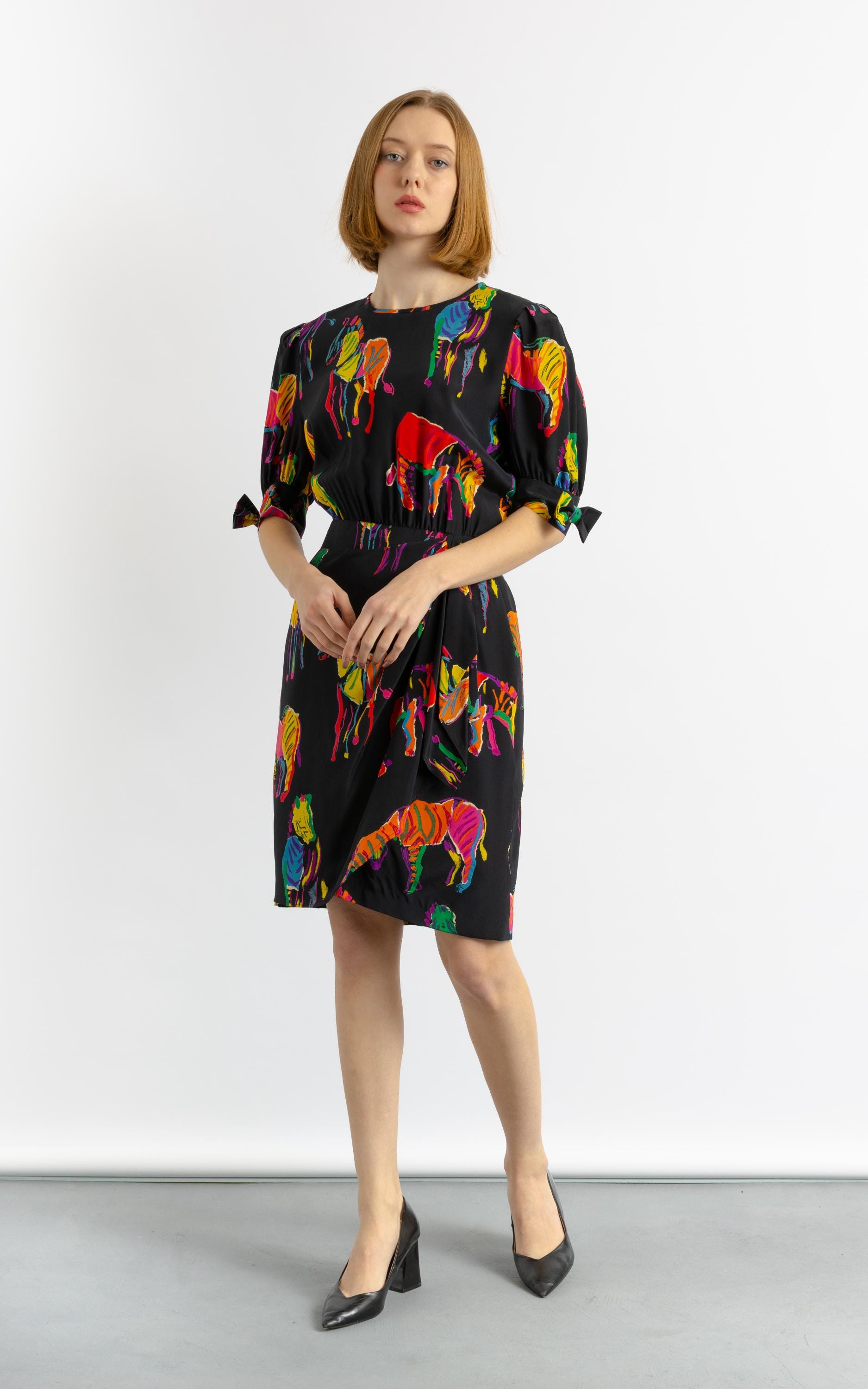 80s Vintage Woman Escada Multicolor Black Zebras Animal Print Silk