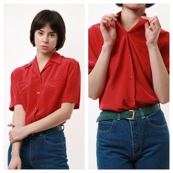 80s Vintage Red 100% SILK Short Sleeve Shirt Leigh