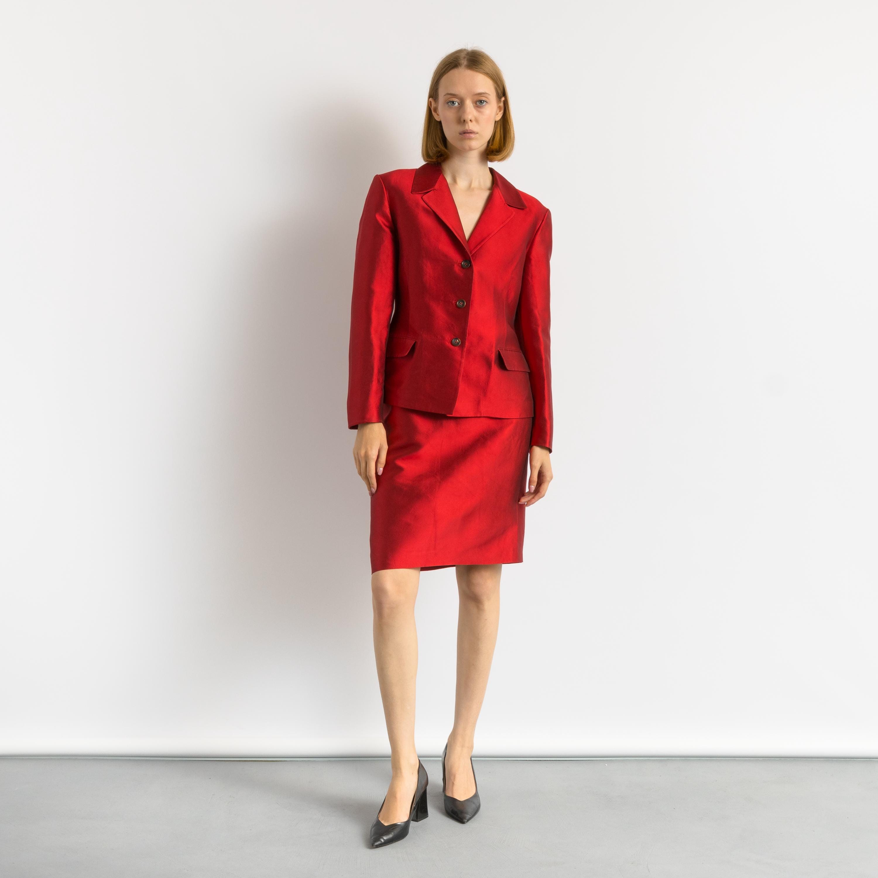 Jil Sander Silk Suit, 80s Red Silk High Waisted Pencil Skirt Suit