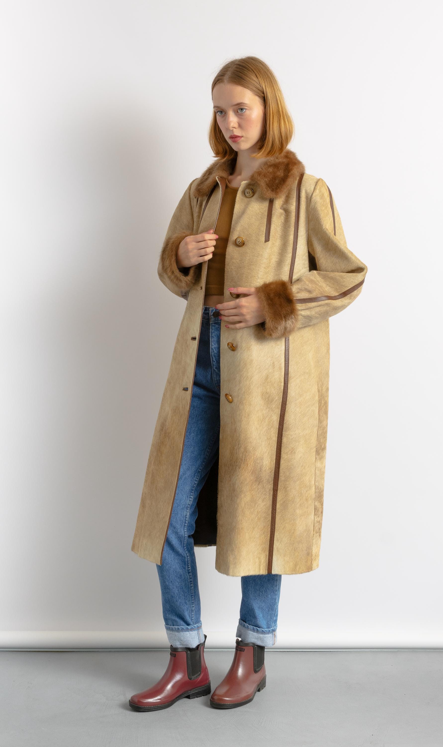 70s Vintage Rare Woman Retro Wool Long Maxi Coat Leather Coat Size