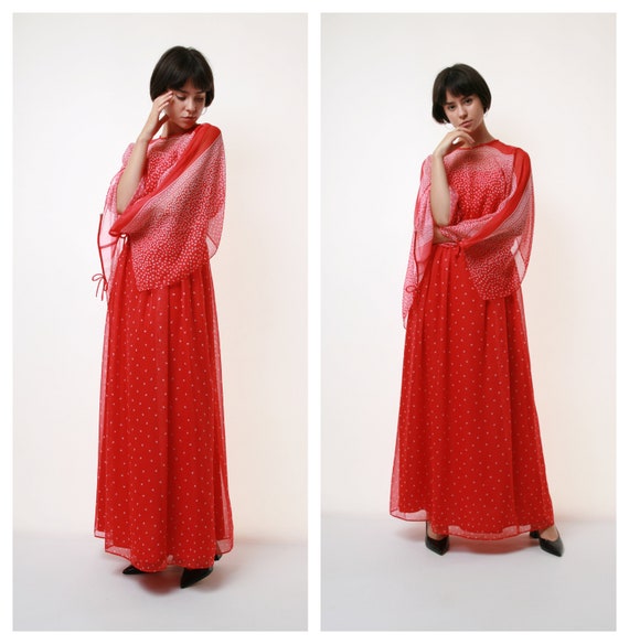 80s Vintage Red Maxi Long Dress Boho Style 2110