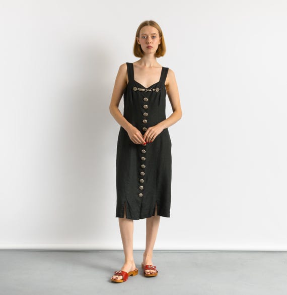 Vintage 80s Austrian Linen Dress, Black Pencil Cottage core Dress, Peasant/Tracht/Dirndl/Oktoberfest