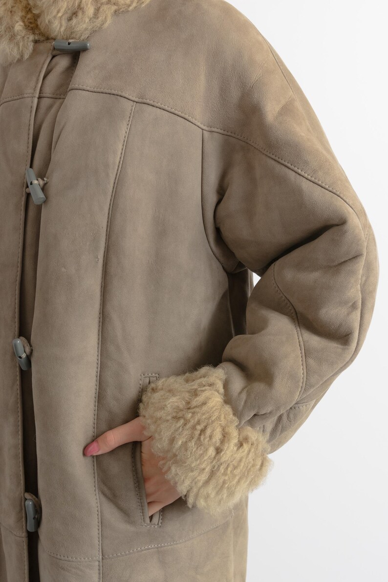 Women Suede Sheepskin Jacket Gray Vintage 80s Retro Winter Outerwear Sheepskin Western Suede Coat Women Vintage Clothing size M image 11