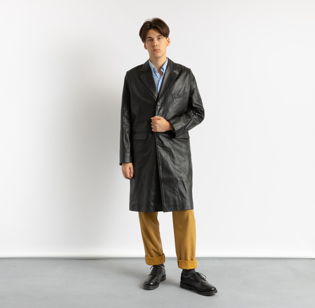 80s Vintage Black Lined Leather Unisex Man Longline Heavyweight