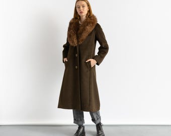 Płaszcz damski z lat 70., używany, rozmiar brązowy, wełniany, kurtka, elegancki, zimowy, oversize, luźny krój, średni, wyprodukowano w Anglii