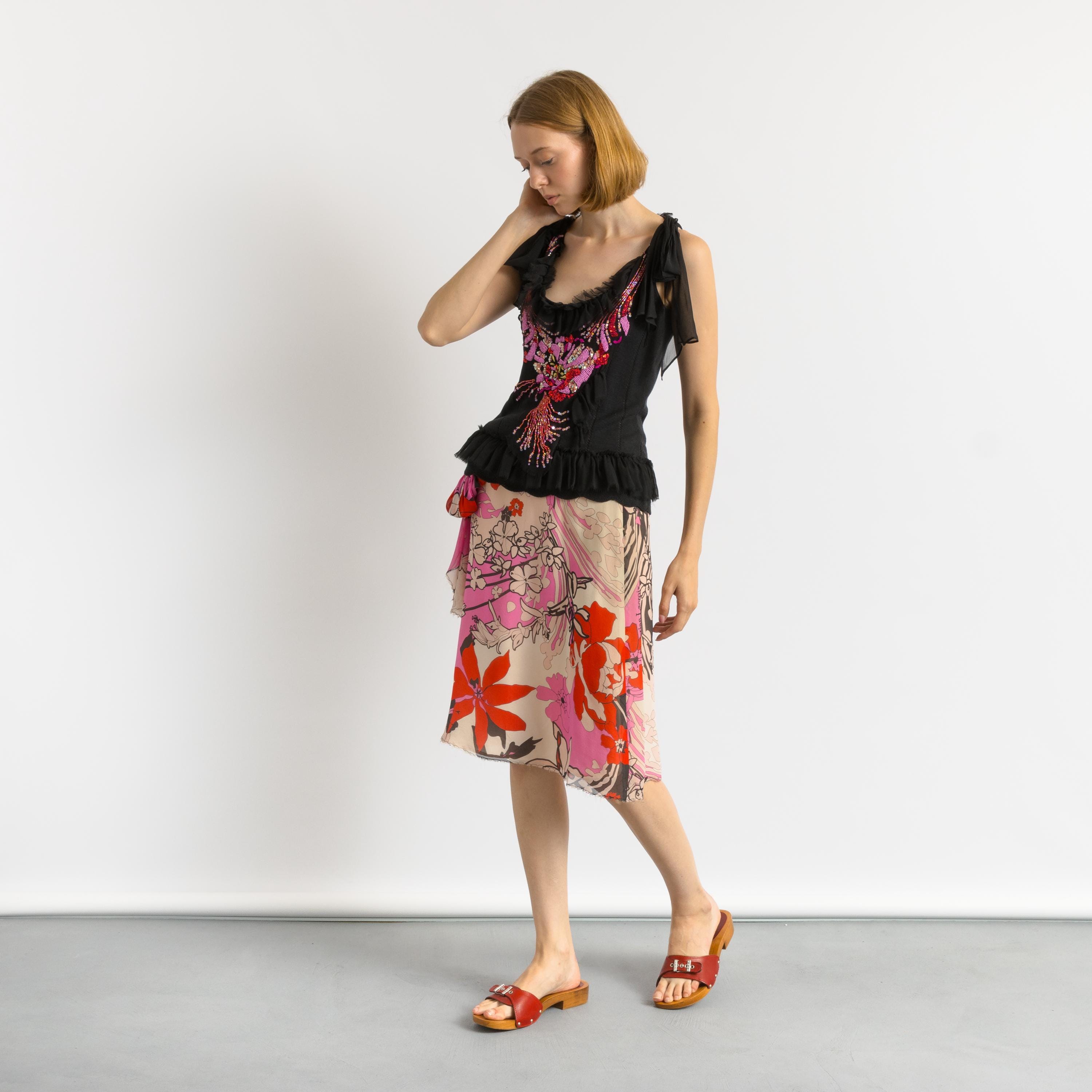 Christian Lacroix Silk Suit, 90s Pink Floral High Waisted Midi