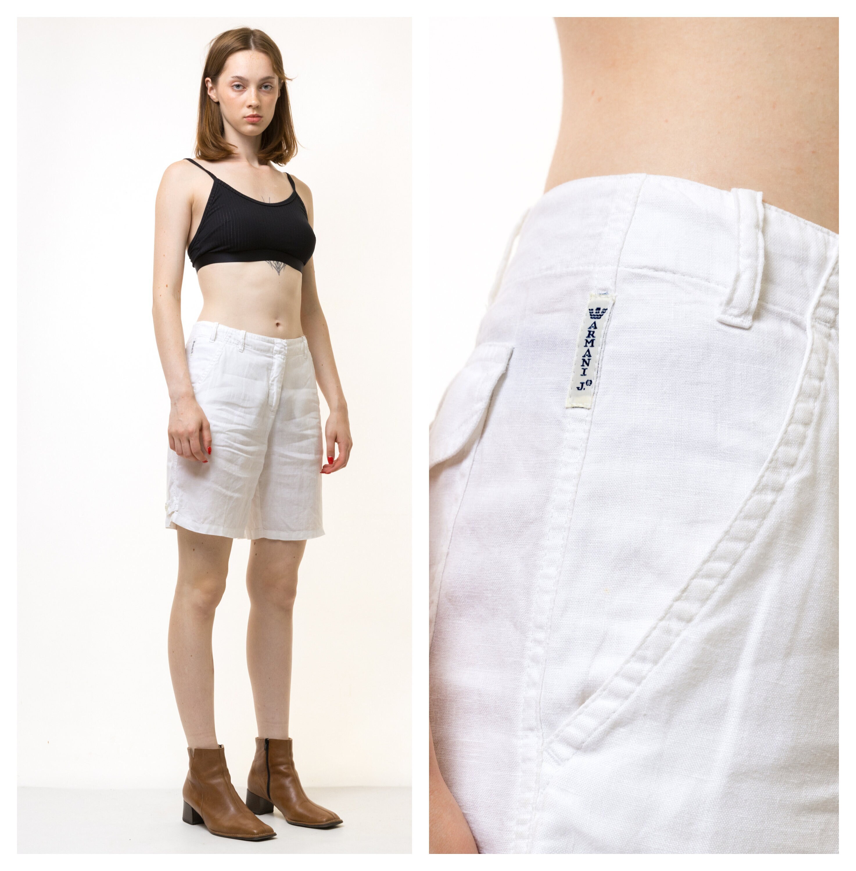 80s Armani Jeans Vintage High Waisted White Linen Bermuda