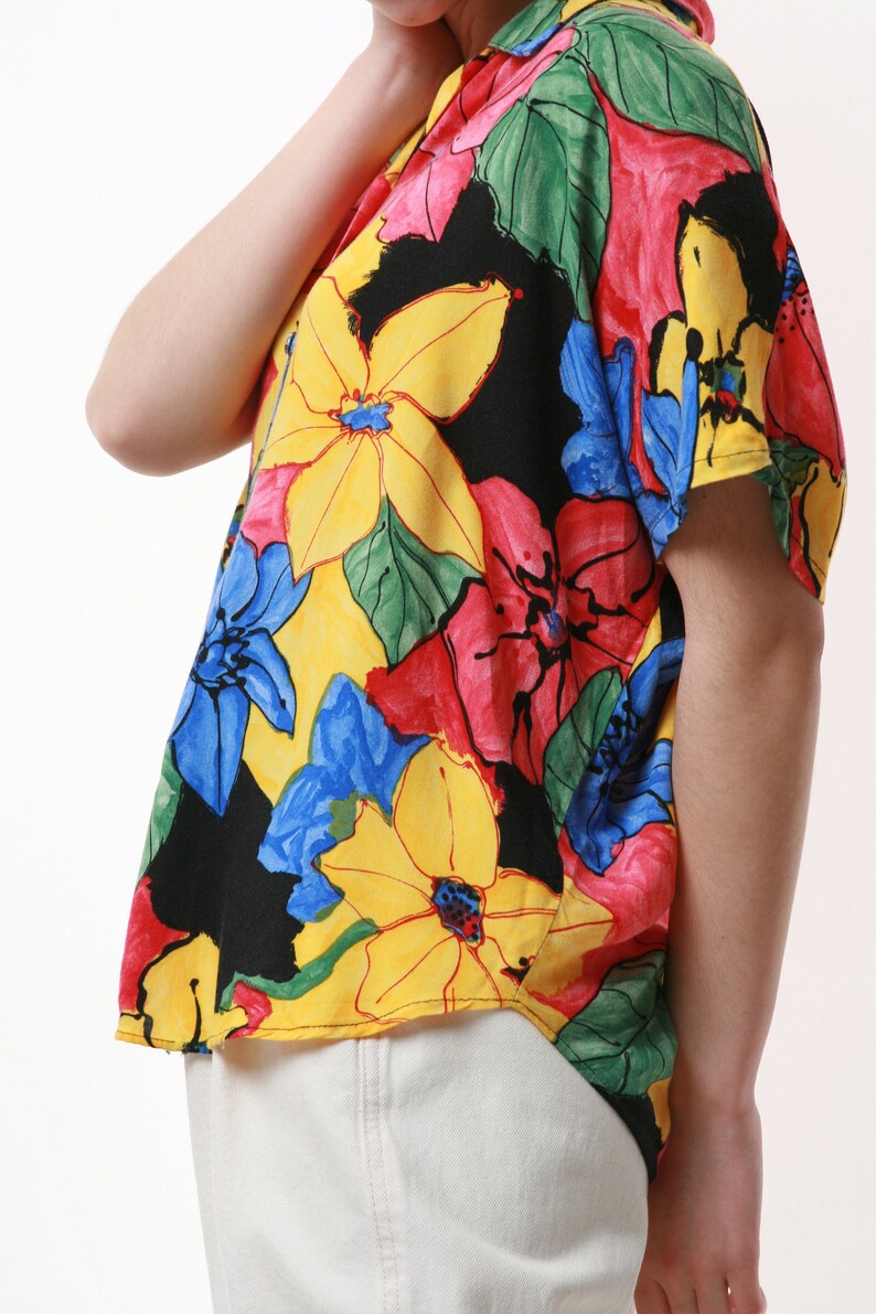 90s Vintage Floral Print Viscose Oversized Shirt Blouse 1522