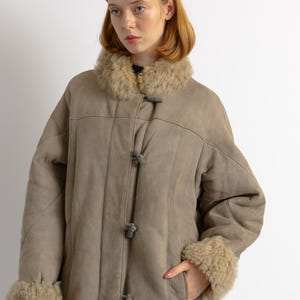 Women Suede Sheepskin Jacket Gray Vintage 80s Retro Winter Outerwear Sheepskin Western Suede Coat Women Vintage Clothing size M image 10