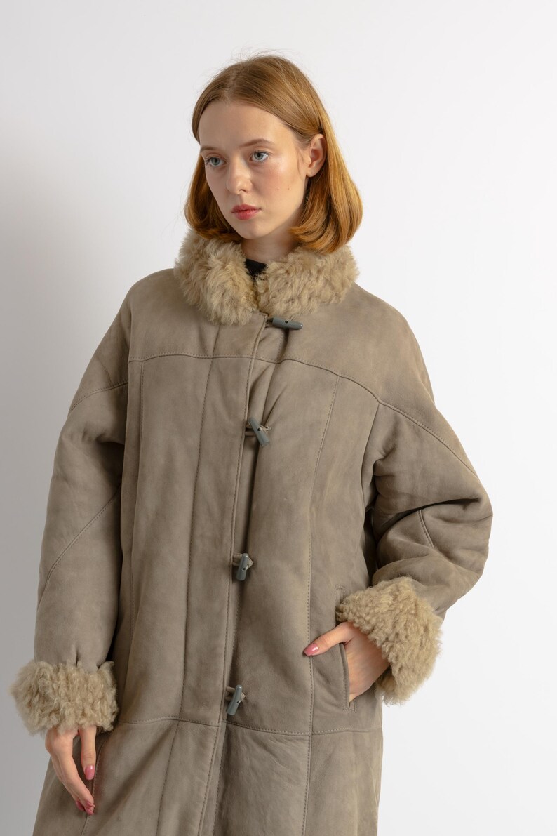 Women Suede Sheepskin Jacket Gray Vintage 80s Retro Winter Outerwear Sheepskin Western Suede Coat Women Vintage Clothing size M image 10