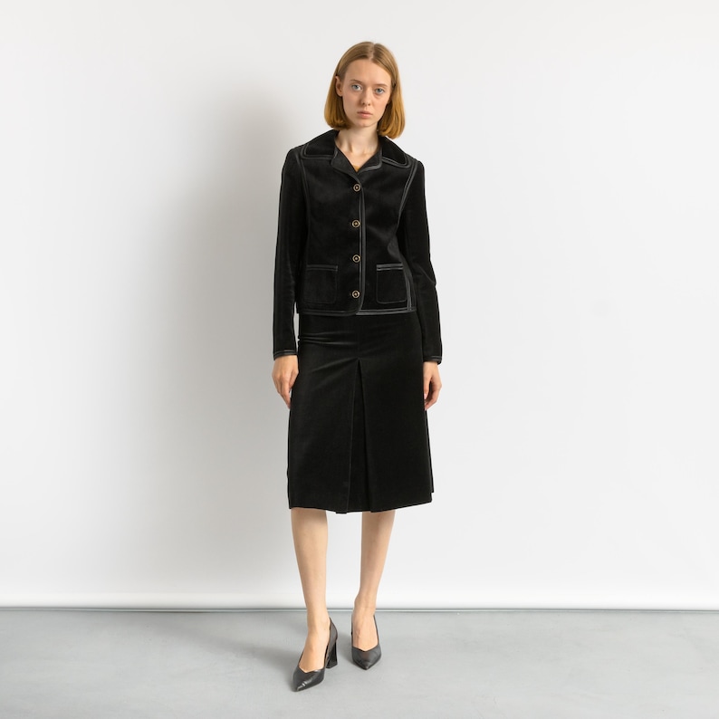 LOUIS FERAUD vintage skirt suit, vintage 1970s cotton Louis Feraud velour skirt suit, elegant black woman velour blazer suit image 1