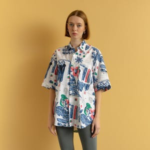 90s Vintage Cotton Happy Life Abstract Pattern Unisex Fabric Short Sleeve in Pattern Shirt Buttons Up Blouse size Men&#39;s S Small