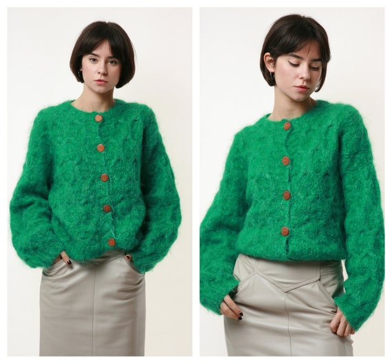 80s Vintage Deep Green Mohair Angora Wool Jumper S