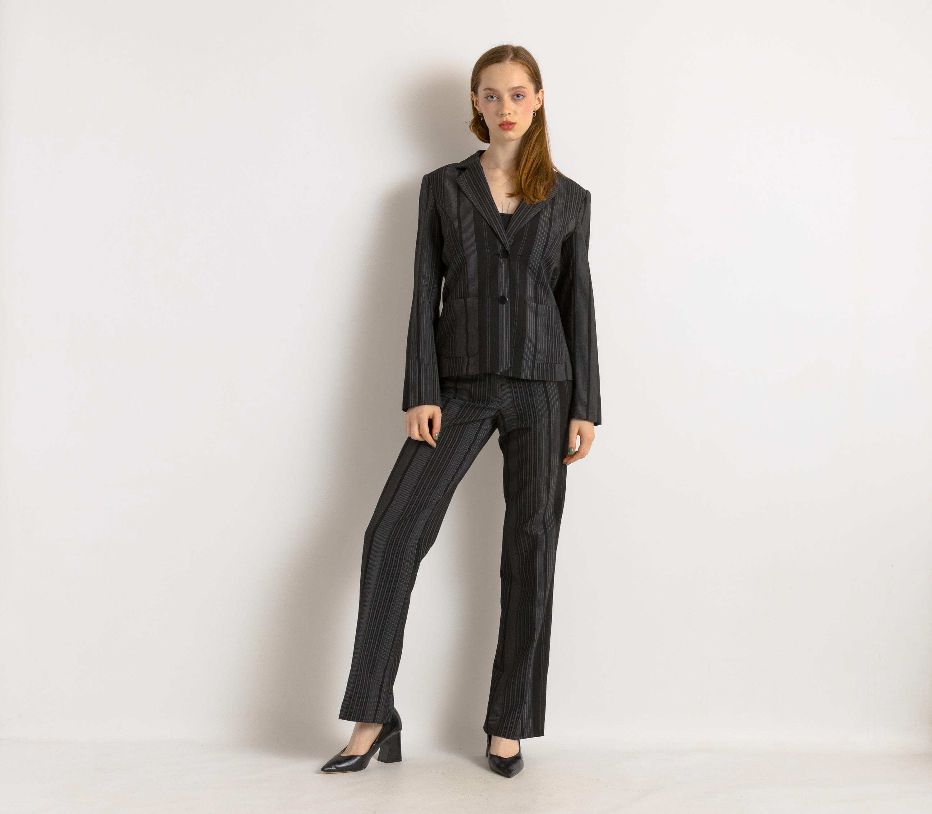 Vintage Striped Black Suit | 90s Vintage Black Beige
