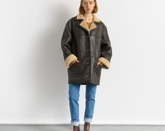Oversized Shearling Coat, Size XL, Vintage 80s Coat, Sheepskin Coat, Brown Shearling Coat, Boho Fashion, Cozy Coat, Cowgirl Coat, Pre Owned