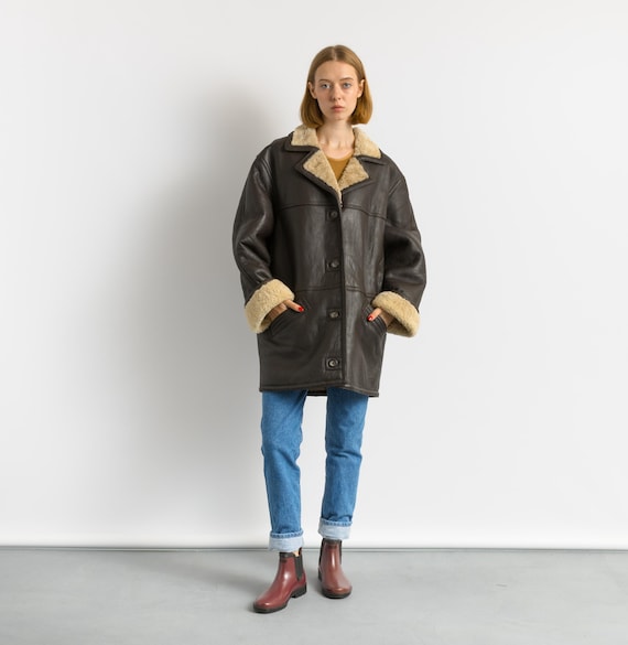 Oversized Shearling Coat, Size XL, Vintage 80s Coat, Sheepskin Coat, Brown Shearling Coat, Boho Fashion, Cozy Coat, Cowgirl Coat, Pre Owned