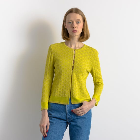 Christian Lacroix, Vintage Christian Lacroix Jacquard Cardigan 1990s | Colorful Yellow Knit, Crochet | S