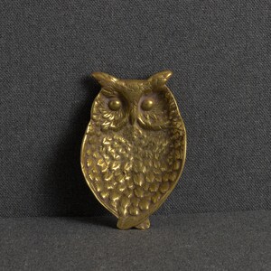 May include: A brass owl-shaped trinket dish featuring detailed embossed feather textures across the body, prominent tufted ears, and two smooth circular eyes. The metal surface displays a warm golden tone with subtle variations in light and shadow.