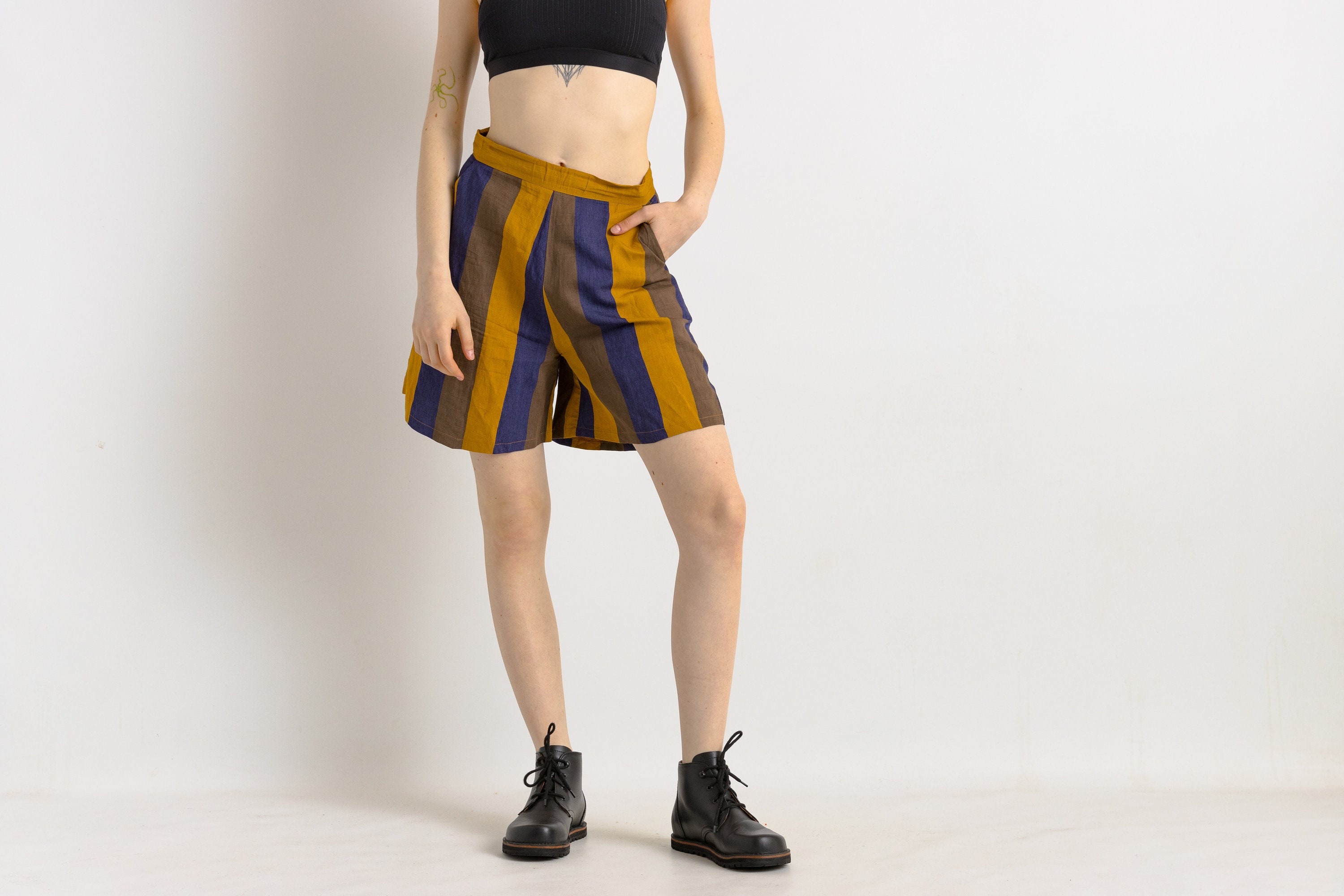 Vintage 80s Cotton Striped Shorts, Vintage Striped Pleated Shorts