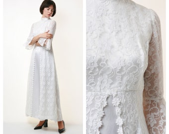 70s Vintage White Boho Maxi Lace Wedding Dress 1836