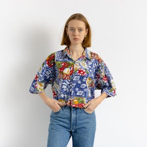 80s Vintage Cotton Aztec Grunge Abstract Pattern Unisex Fabric Short Sleeve in Pattern Shirt Buttons Up Blouse size Men&#39;s L Large