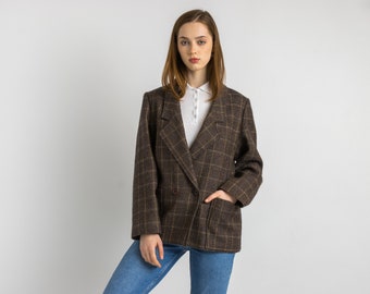 80s Vintage Vtg Rare Pure Wool Woolmark Brown Check Blazer Jacket Button Up size Medium / Vintage Woman Blazer