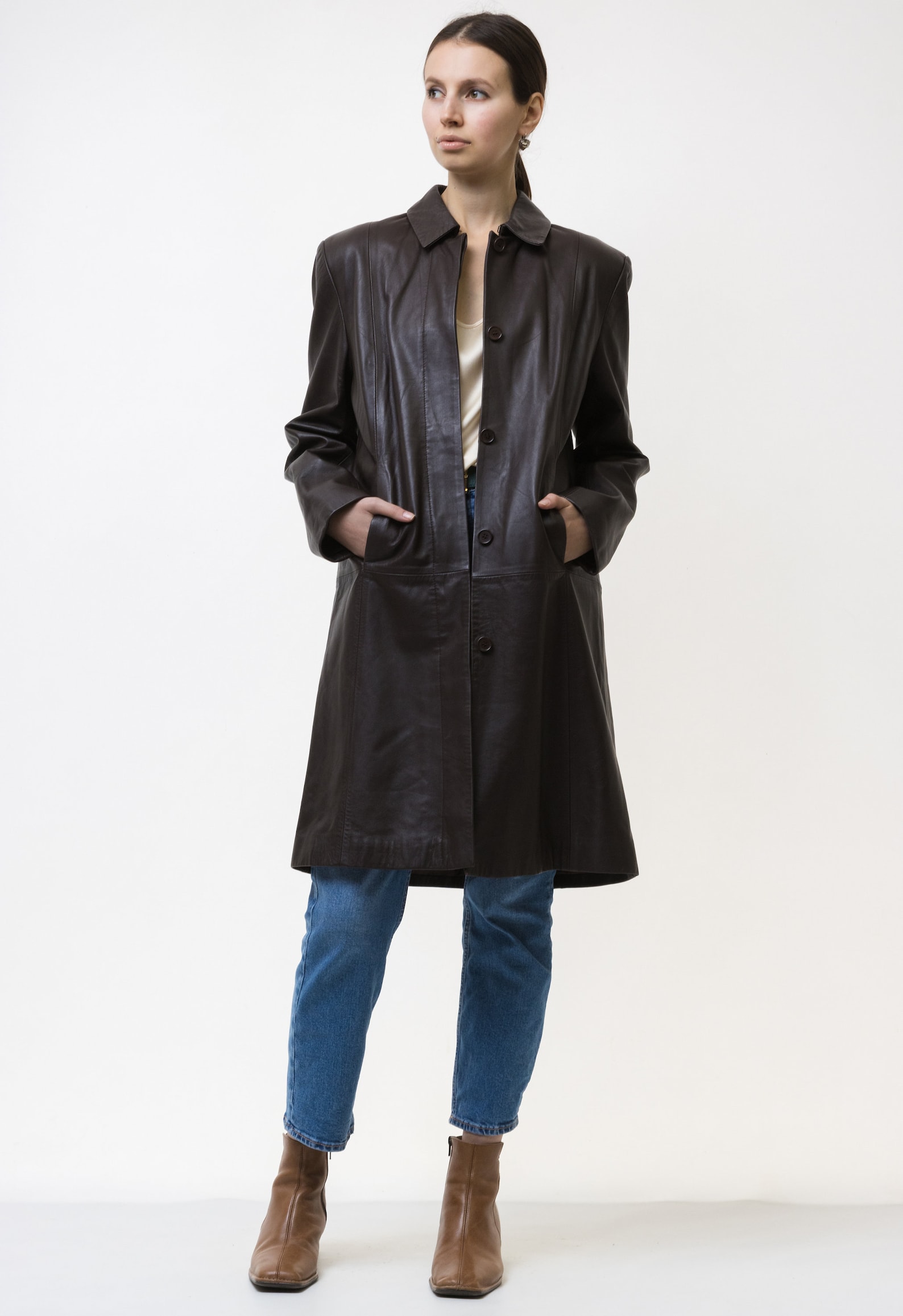 90s Chocolate Leather Coat Women Vintage Brown Leather Coat Casual Minimalist Simple Trench