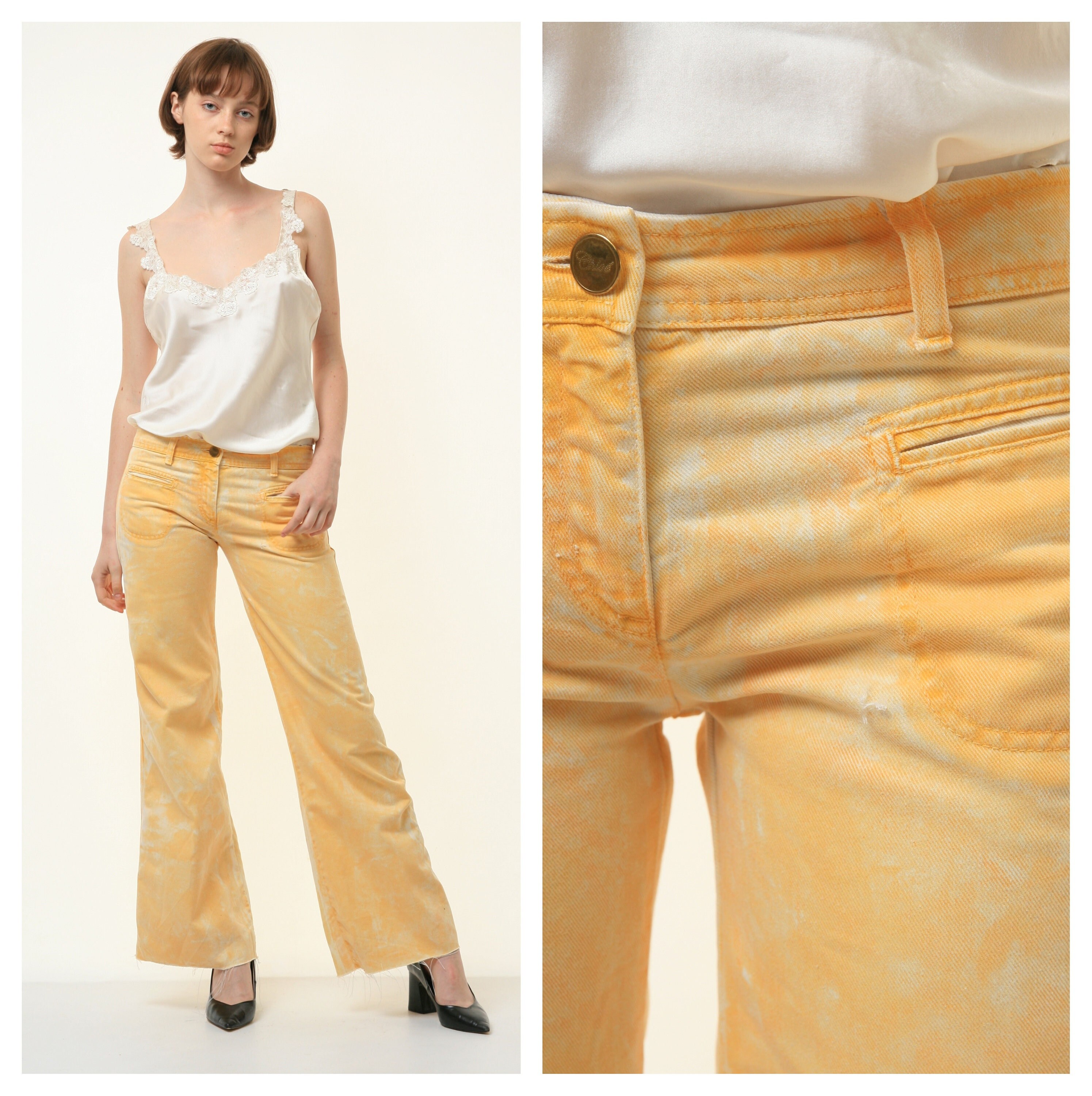 80s Vintage Woman CHLOE Yellow Jeans Flare Pants Woman Jeans