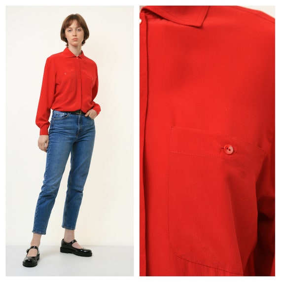 80s Vintage Vtg Rare 100% Silk Seta Red Buttons up Blouse
