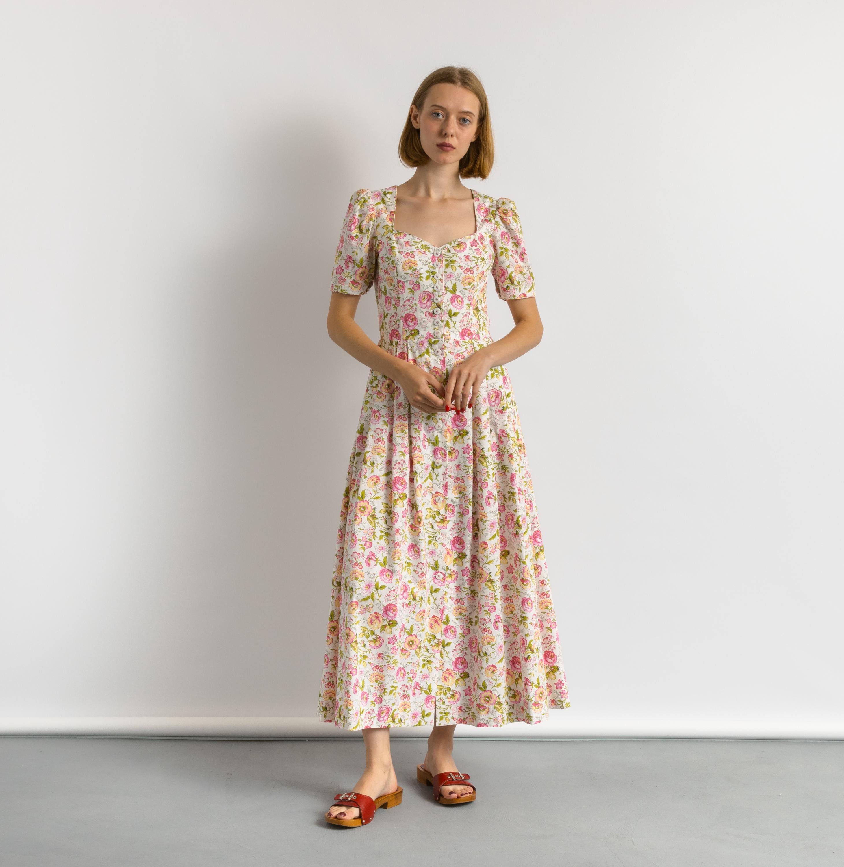 Vintage 80s Austrian Folk Dress, Pink Floral Dirndl Cottage Core